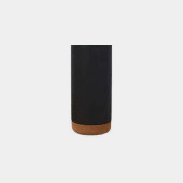 Straight-sided black insulated tumbler with a natural cork base and open top