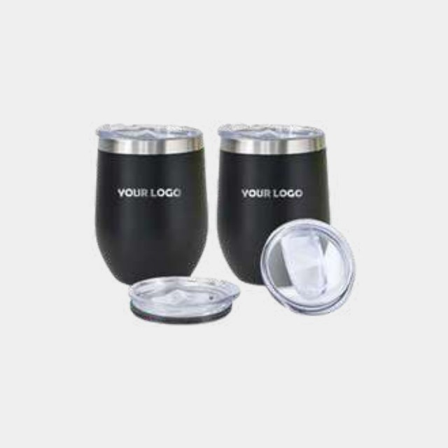 Pair of matte black insulated stemless wine tumblers with clear sliding lids