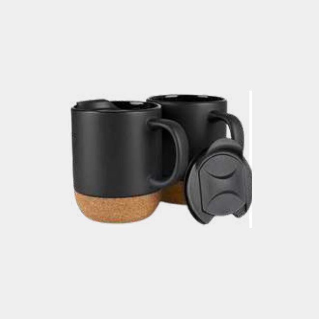Matte black ceramic mugs with natural cork bases and press-on lids
