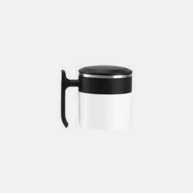 White and black self-stirring mug with a side handle, lid and button in the grip