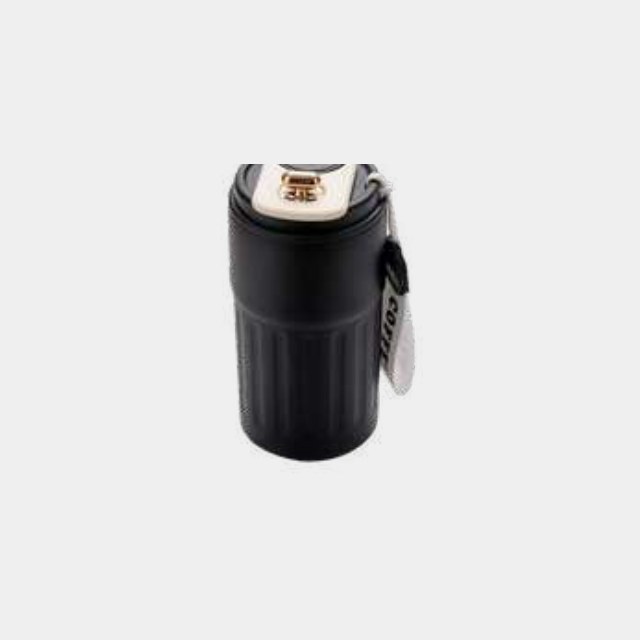 Compact black insulated travel mug with a sealed flip lid