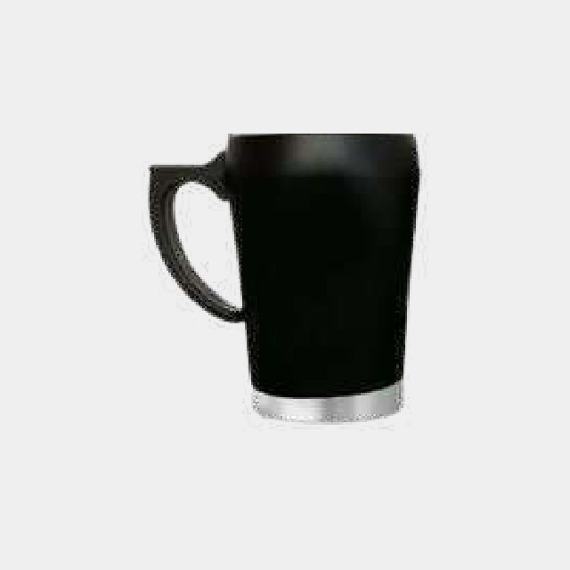 Large black mug with a wide loop handle and brushed steel base band