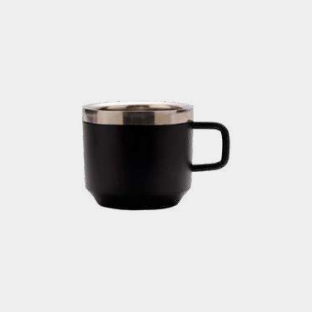 Squat insulated stacking mug with a steel rim and press-on lid