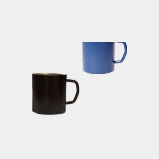 Stainless steel mugs in blue and bronze finishes with wide handles