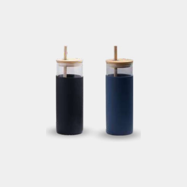 Tall glass water bottle with a bamboo screw lid and navy silicone protective sleeve