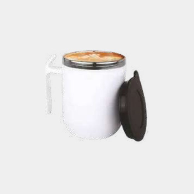 White self-stirring mug with a matching lid and a button in the handle