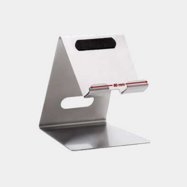 Brushed silver aluminium phone stand with red accent detailing