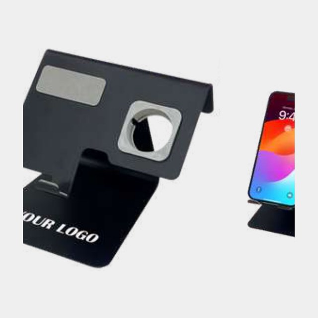 Flat black phone stand with an integrated bottle opener and large logo panel