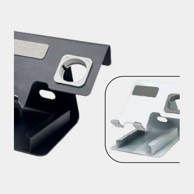 Folding phone stand shown in black and brushed silver, collapsing flat