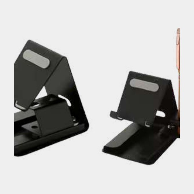 Matte black folding phone stand with hinged cradle and non-slip pads