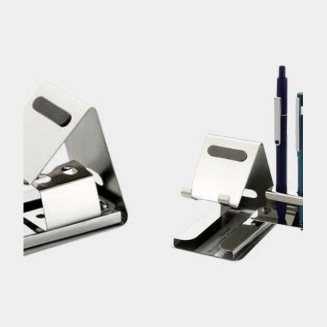 Brushed aluminium phone stand with matching brushed metal pens