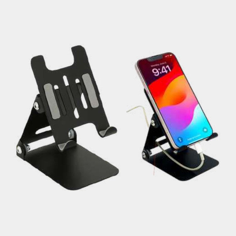 Black adjustable phone stand with multiple locked viewing angles and a cable slot