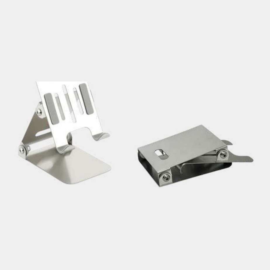 Small brushed silver folding phone stand, wallet-sized when closed