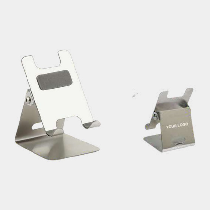 Brushed silver phone stand with a recessed front logo panel