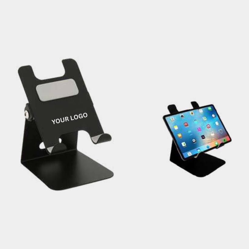 Black stand holding a tablet, with a front logo panel below the device