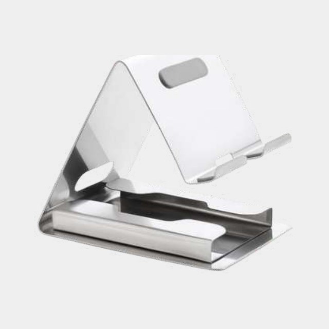 Brushed silver adjustable phone stand with a two-hinge frame and cable channel