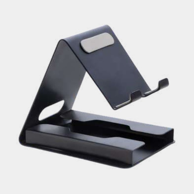 Matte black adjustable phone stand with a wide cradle lip and weighted base