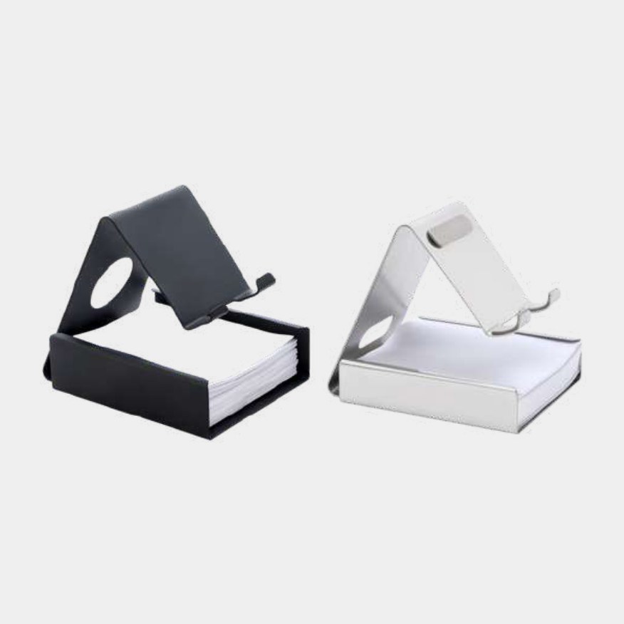Two phone stands supplied as a pair, one black and one silver