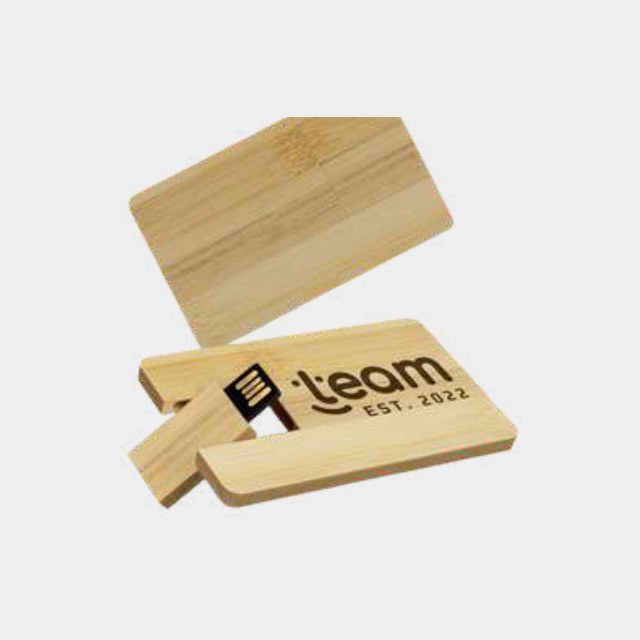 Bamboo card USB drive with a fold-out connector and laser-engraved logo