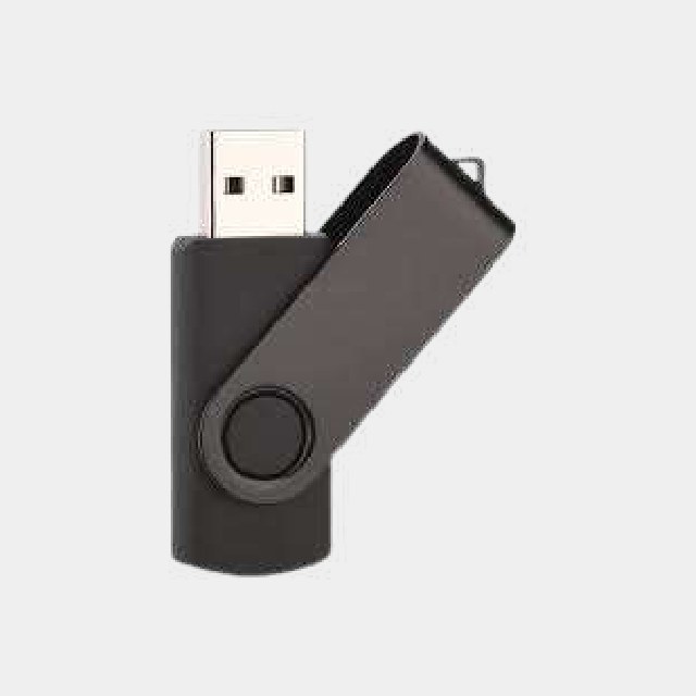 Black swivel USB drive with a brushed metal collar and pivoting cover
