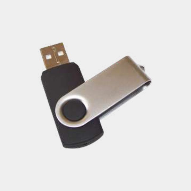 Two-tone swivel USB drive with a black body and brushed steel cover