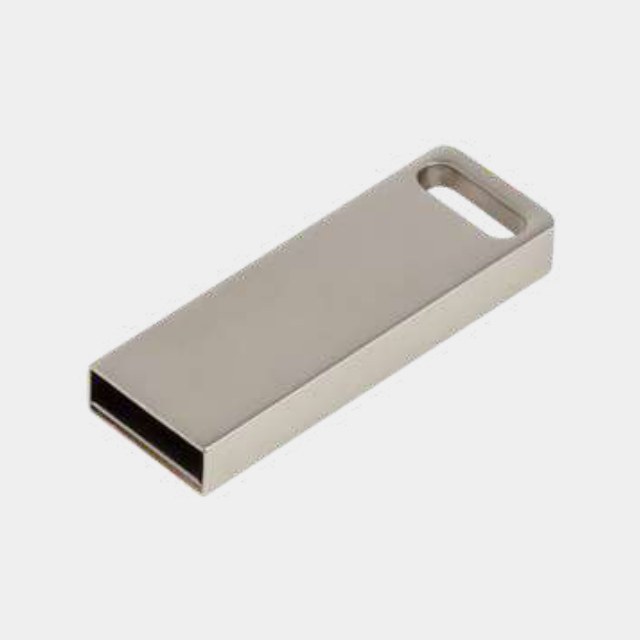 Slim flat brushed metal USB drive with a recessed connector and slot loop