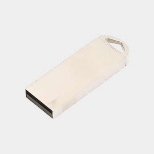 Satin-finish metal USB drive with radiused edges and a small end loop
