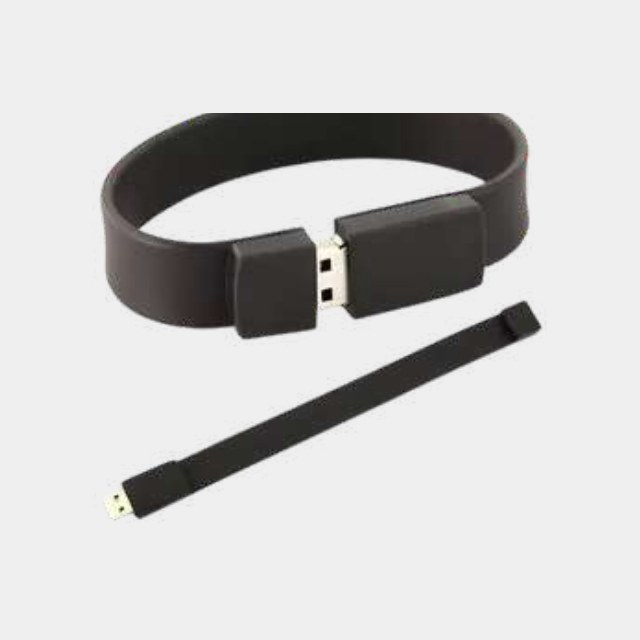 Black silicone wristband with a USB drive built into the clasp