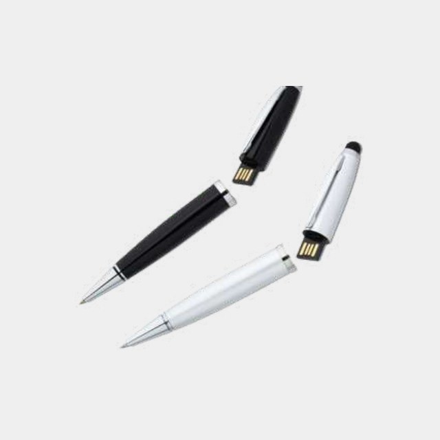 Metal pen with a ballpoint, stylus tip and a USB drive under the cap end