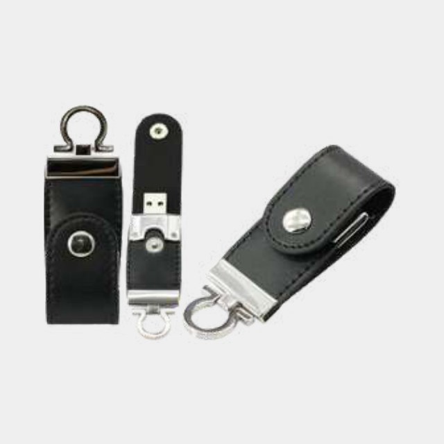 USB drive in a black leather sleeve with a press-stud flap and keyring loop