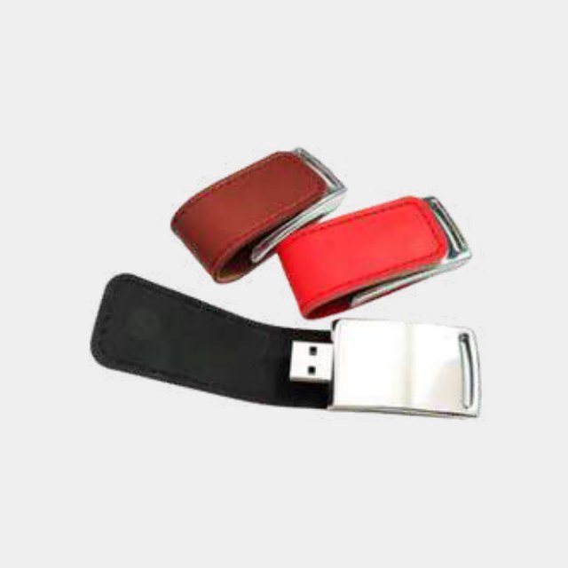 Leather-sleeved USB drives with fold-over flaps in red, black and white