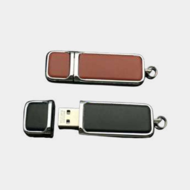 Block-bodied leather USB drive with a metal frame and keyring loop