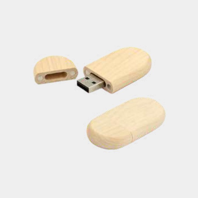 Oval light-wood USB drive with a pull-off wooden cap