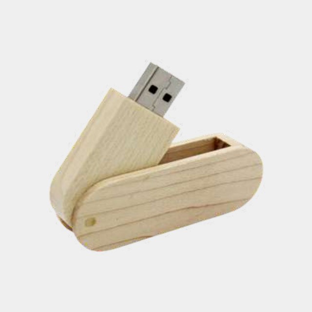 Light-wood swivel USB drive with a pivoting cover and metal pin