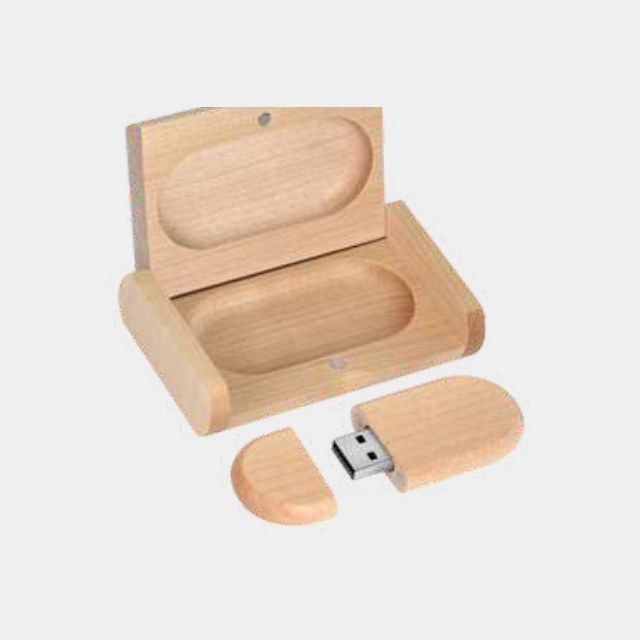 Oval wooden USB drive in a matching hinged wooden gift box