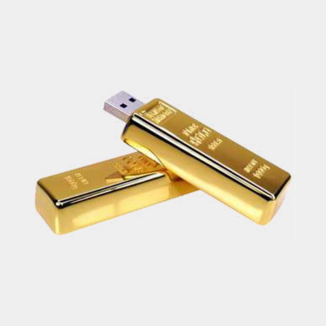 USB drive shaped as a miniature gold bar with an embossed top face