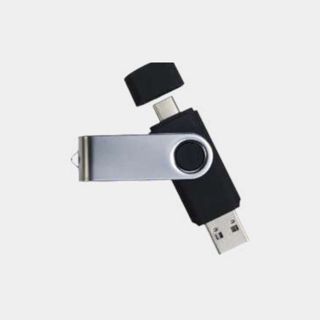Swivel USB drive with a standard connector at one end and USB-C at the other