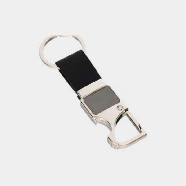Chrome carabiner keychain with black leather strap and blank engraving plate