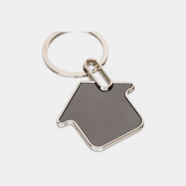 House-shaped brushed metal keychain with a split ring at the roof