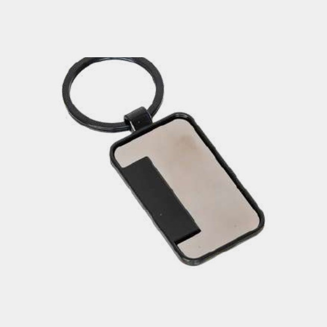 Rectangular mirror-polished metal keychain with a black inlay band