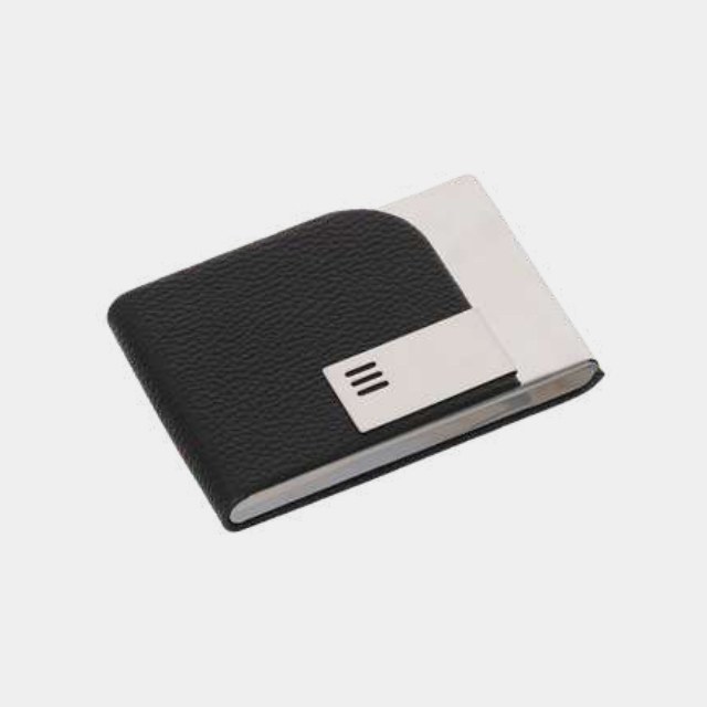 Black textured leather bifold card holder with a steel logo plate