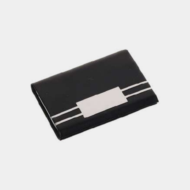 Black card holder with two brushed steel bars and a central logo plate