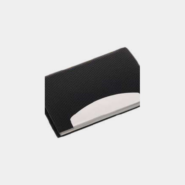 Black carbon-texture card holder with a curved brushed steel front panel