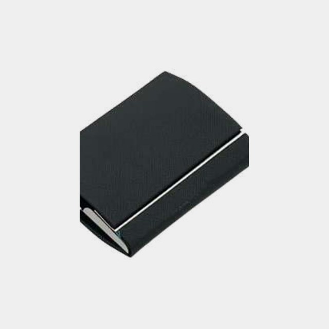 Black business card case opening from both sides into separate compartments