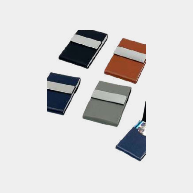 Business card holders in navy, tan, grey and brown with steel logo plates