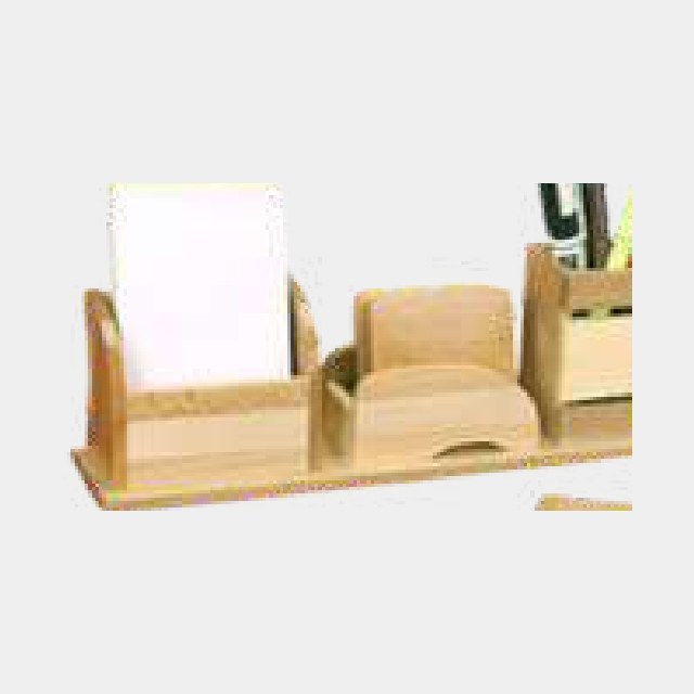 Wooden desk organizer with memo pad, upright frame slot and pen compartments