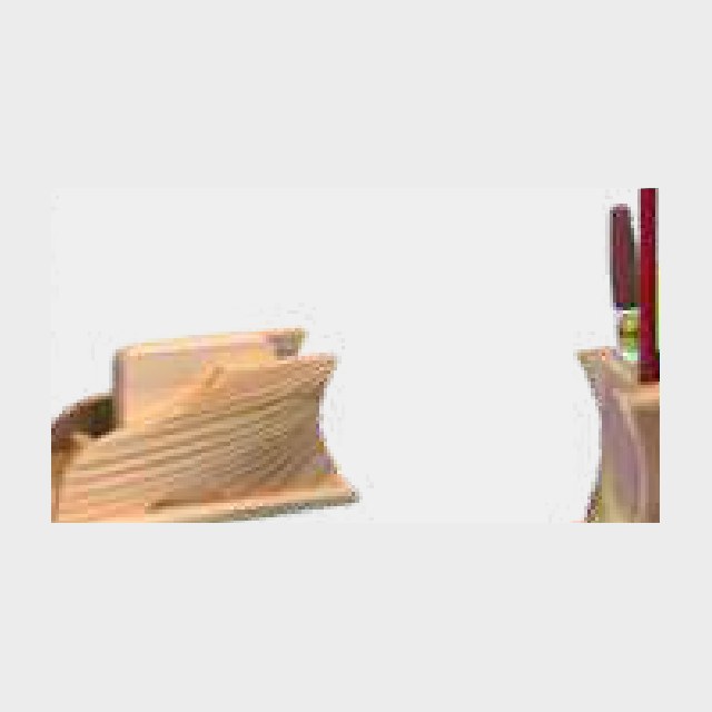 Wooden pen stand with an angled slip holder for notes