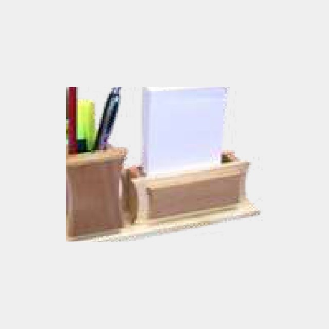 Wooden pen stand with an integrated memo pad well and card slot