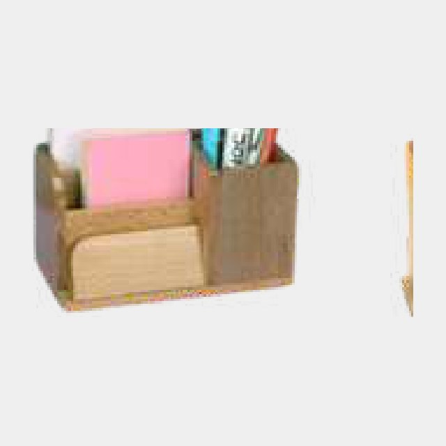 Wooden desk organizer with sticky note bays, memo block and pen slots