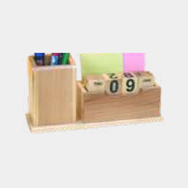 Wooden desk piece with a hand-turned perpetual calendar, sticky note bays and pen slots